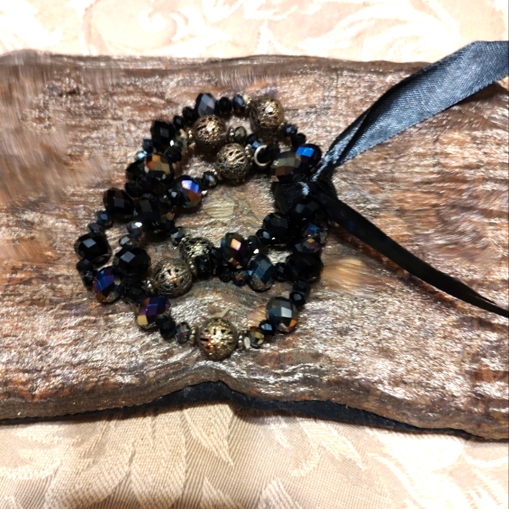 💙⚜️💙 Stunning Hand Crafted Blue & Gold Filagree Ribbon Stretch Bracelet Set